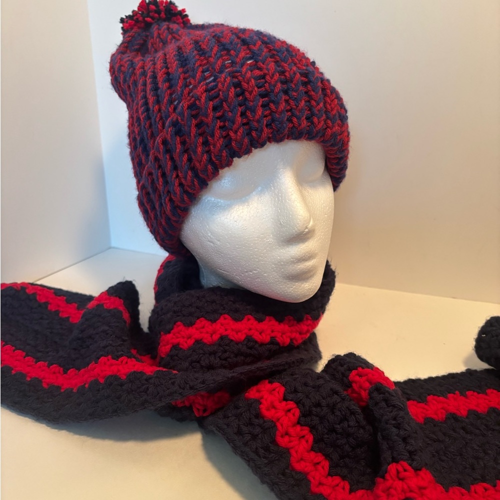 Cozy Knit Hat and Scarf Set - Red and Blue